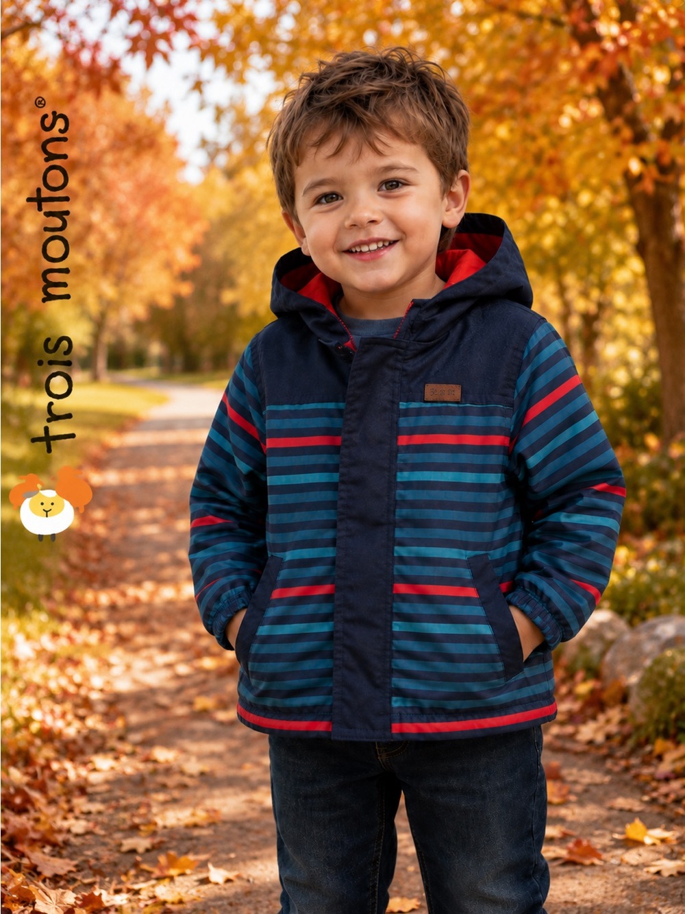Trois Moutons Baby Boys Hooded Fleece Lined Jacket Size 12M Navy Striped Coat